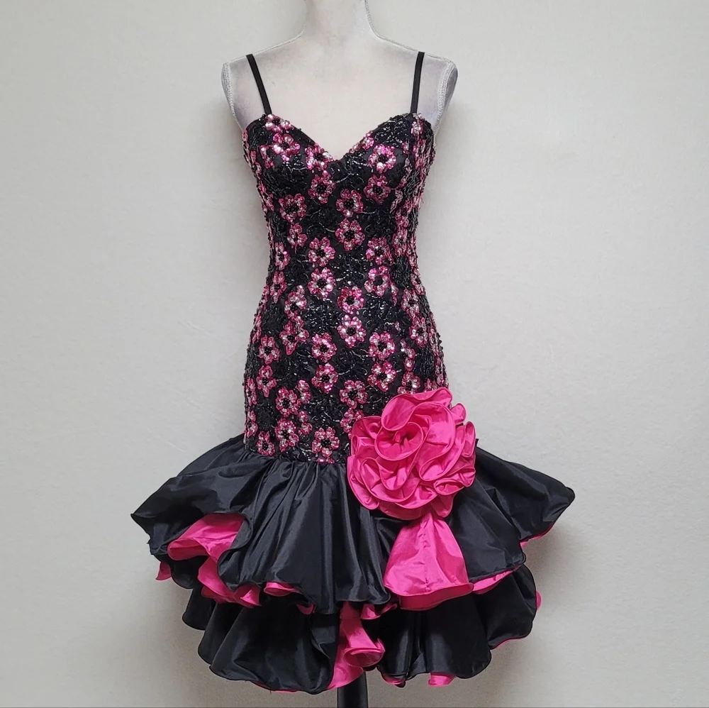 80s Vintage Alyce Designs Black Pink Sequin Floral Ruffle Bustier Mini Dress 6 - Picture 4 of 13